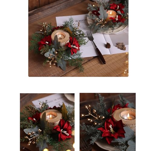 Christmas Candle Rings Xmas Wreaths Pine Needles Berry Red Flower Centerpiece - Winter Decor