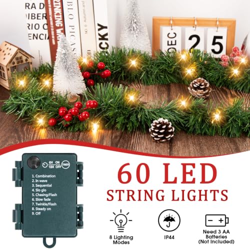 Prelit Christmas Garland with 60 LEDs - Warm White, 19.7 ft Lighted Decoration