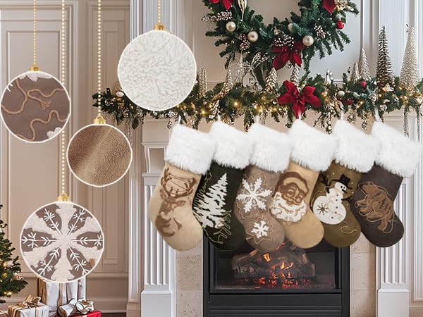 Christmas Stockings Set of 2 - Suede with Faux Fur Cuffs & Rope Embroidery, 20 Inch Large Holiday Decor