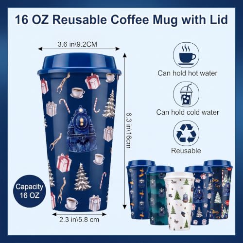 Christmas Train Plastic Coffee Cups 16 oz with Lids - 25 Pack - Blue Winter Design