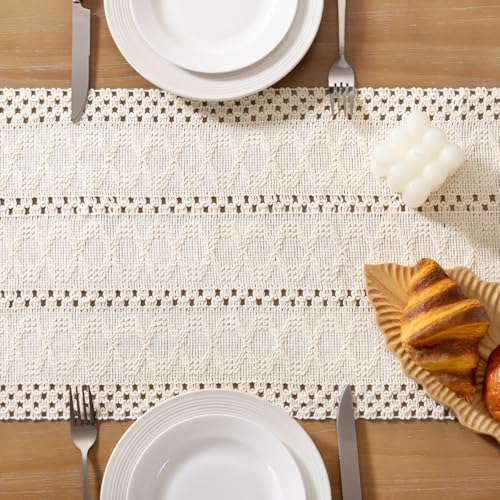Boho Farmhouse Table Runner Fall Decor Cream 12x72 Inches - Rustic Home Accessory
