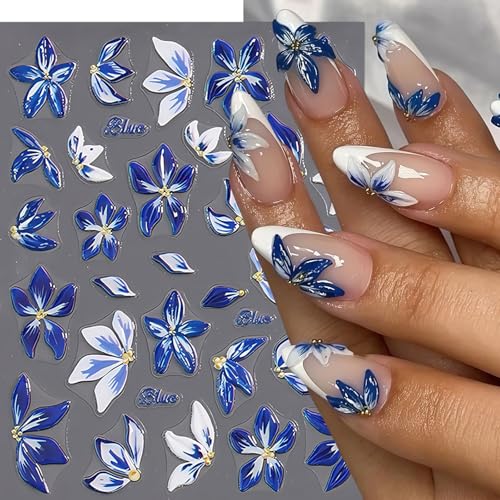 Quezadyl 5D Embossed Blue Hibiscus Flower Nail Stickers - 2 Sheets