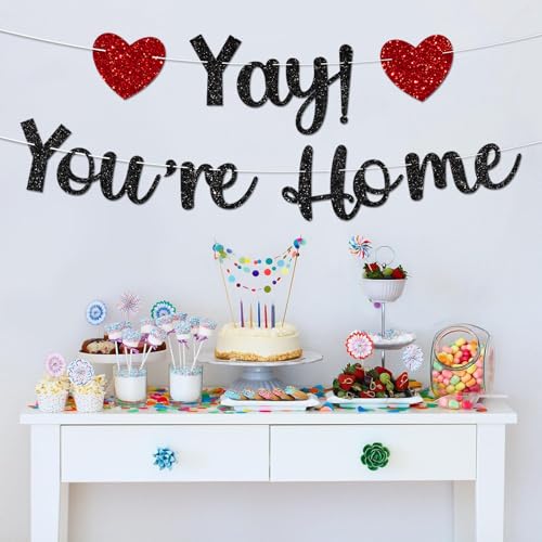 Black Glitter Welcome Home Banner - Yay! You're Home Decoration