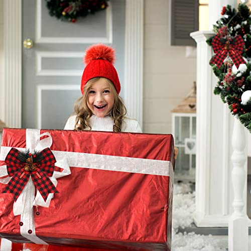 Christmas Buffalo Plaid Bow with Pine Needles Set - Red & Black Variation
