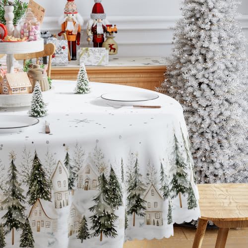 Christmas Round Tablecloth 70x70 Inch Snow Town Holiday Home Decor