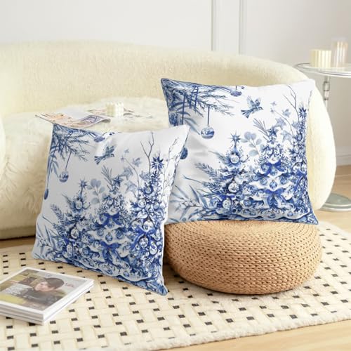 Blue Christmas Tree Pillow Covers Set of 2 18x18 Inches - Winter Holiday Outdoor Throw Pillowcases