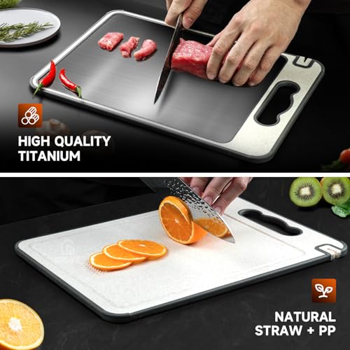 IGOYE Titanium & Wheat Straw Double-Sided Cutting Board - Food-Grade, Non-Slip, Dishwasher Safe, 14.37" x 9.84"
