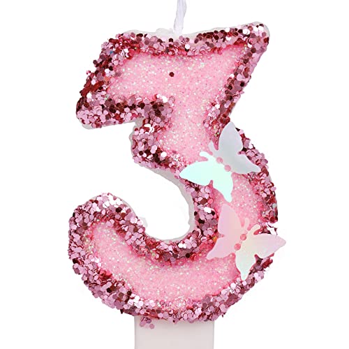 Pink Glitter Number 3 Candle - 2.95 Inch Birthday Cake Topper