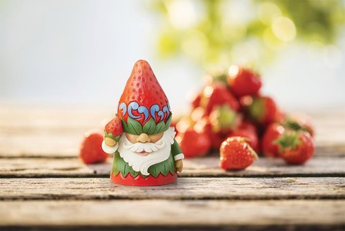 Enesco Jim Shore Heartwood Creek Gnome with Strawberry Hat Figurine- Stone Resin Hand Painted Crafted Collectible Gnomes Mini Figurines Home Decor Statue, 3.86 Inch