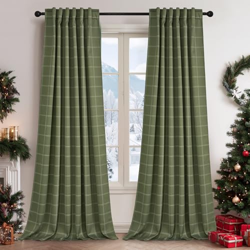 NICETOWN Green Buffalo Plaid Blackout Curtains 96 Inch Long with Rod Pocket & Tabs - Olive Green & White, Pack of 2