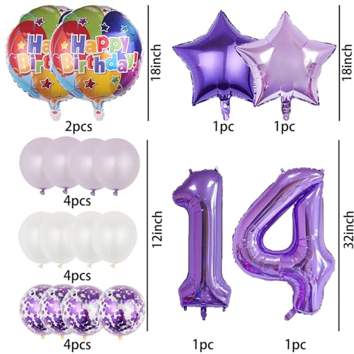 14th Birthday Decorations Set - 18 Pcs Purple Balloons & Foil