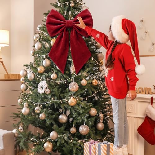 Dark Red Velvet Christmas Bow for Tree Topper 22 Inches - Janinka