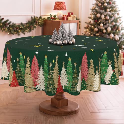 Green Christmas Round Tablecloth 90 Inch Waterproof & Washable Holiday Decor - Xmas Green / 90"