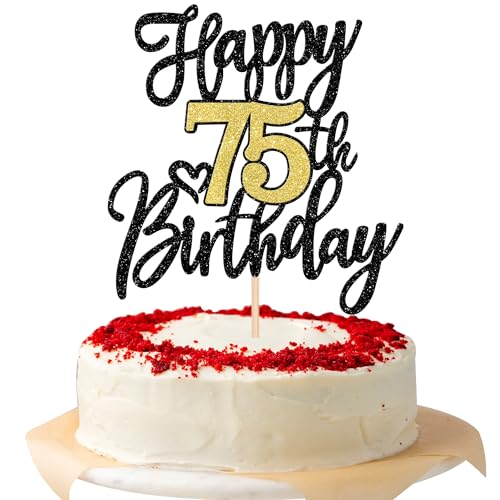 Happy 75th Birthday Cake Topper - Black Gold Glitter Decoration