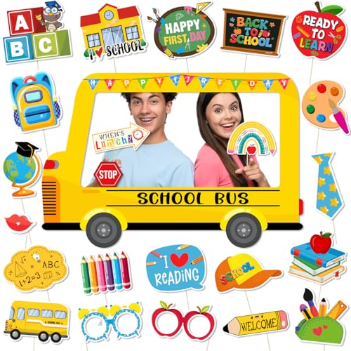 23-Piece Back to School Photo Booth Props Set with School Bus Frame