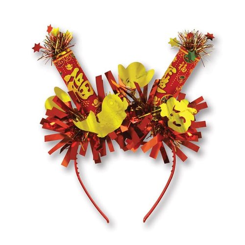 Beistle Lunar New Year Headbands – 2 Pack Red and Gold Firework Burst Headbands with Metallic Fringe Festive Celebration Headwear Cultural Holiday Party Accessories, Adult Size