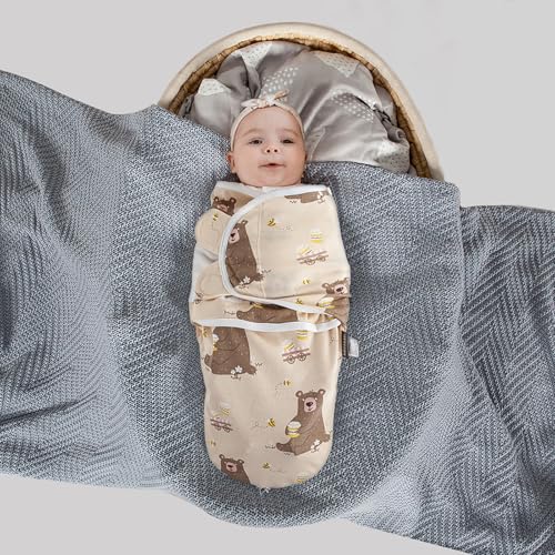 Baby Swaddle Blanket with 2-Way Zipper - Soft Cotton Adjustable Sleep Sack for Newborns (Honey Bear, Medium/Large 3-6 Months)