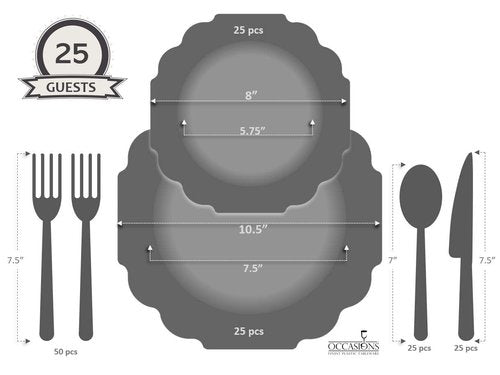 " OCCASIONS " 150 Piece set (25 Guests)-Wedding Plastic Plates & cutlery -Disposable heavyweight Dinnerware 10.5'', 8'' + Silverware w/double fork (Imperial in White/Blue & Gold)