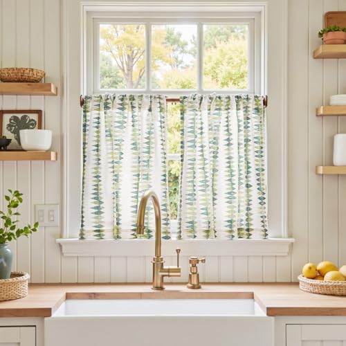 jinchan Sage Green Tribal Linen Kitchen Tier Curtains, 26x24 Inch 2 Panels
