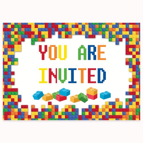 Building Block Birthday Invitations - Set of 10 Kids Party Cards