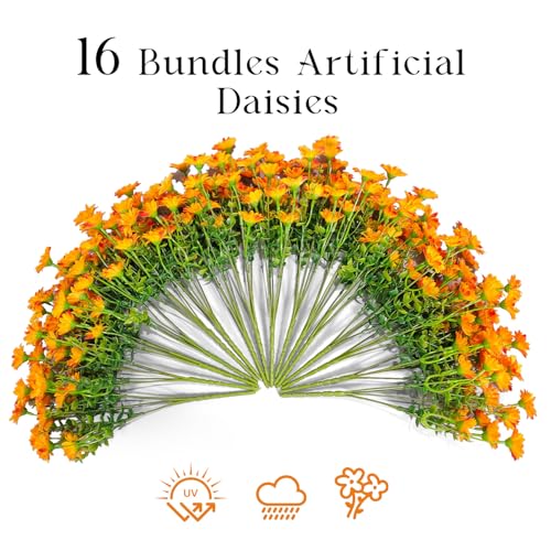 FOUSUKA 16 Bundles Orange Silk Daisy Artificial Flowers Outdoor UV Resistant Plant Decor
