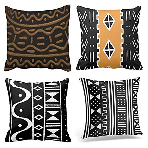 African Black Mud Mudcloth Throw Pillow Covers Set of 4 - 18x18 in Cotton