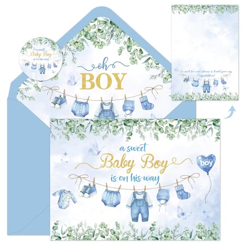 Blue Baby Shower Card for Boy with Envelope & Sticker - 5x7 Inch
