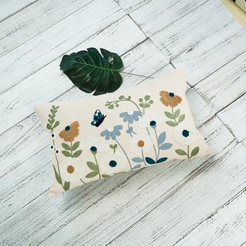 Floral Embroidered Throw Pillow Cover 12x20 Inch - Blue Flowers