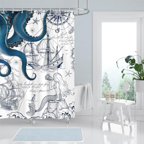 Blue Nautical Octopus Mermaid Shower Curtain 72x72 inch Waterproof Coastal Decor