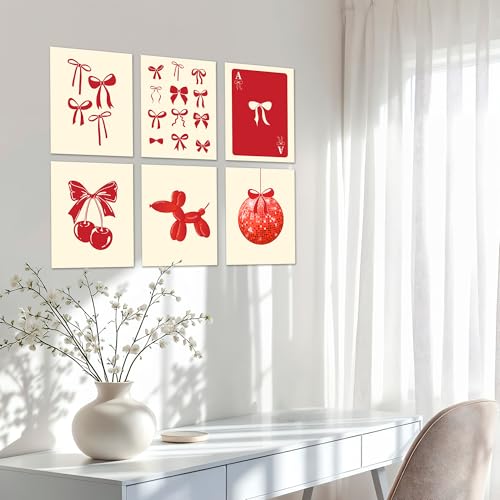 Preppy Red Bow Wall Art Posters Aesthetic Coquette Disco Ball Set of 6