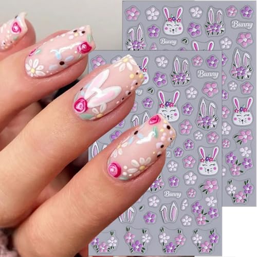 Easter Nail Stickers 3D Embossed Rabbit Spring Flower Decals 2 Sheets