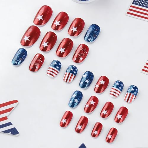 BYJKYEN 4th of July Press on Nails Short Almond Patriotic Fake Nails