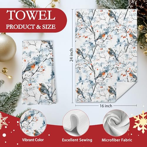 Christmas Robin Bird Kitchen Towels - Holiday Watercolor Dish Drying Cloth, 16x24 Inch - Variation Christmas-21