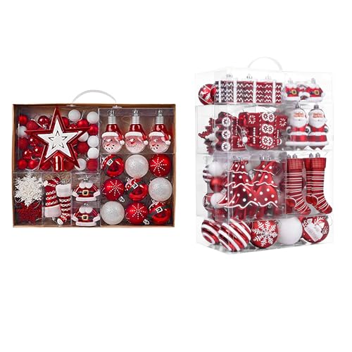 Christmas Ornaments Set - Red & White Shatterproof Holiday Decor, Bulk 225 Count