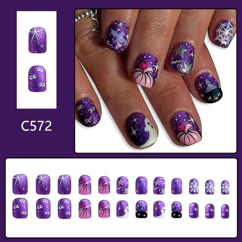 Halloween Press on Nails Short Square False Nails Purple Glitter