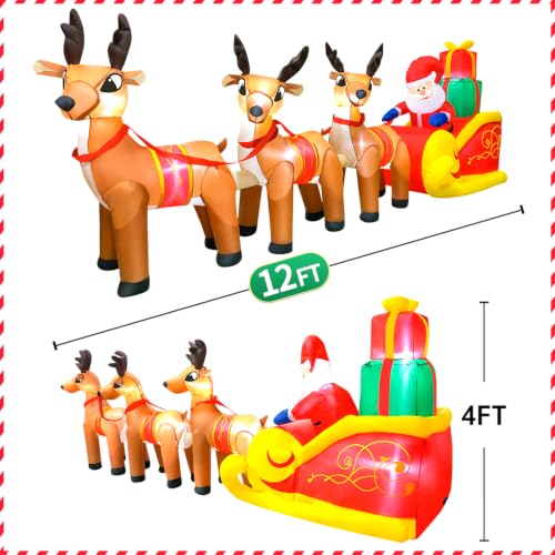 12FT Christmas Inflatable Santa Claus with 3 Reindeer Scene Outdoor Decor - Durable & Lighted