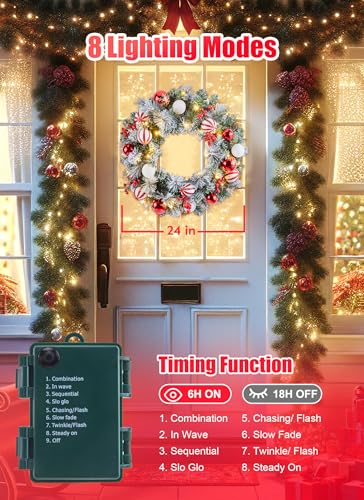 24-Inch Pre-Lit Artificial Christmas Wreath with LED Lights and Decorations