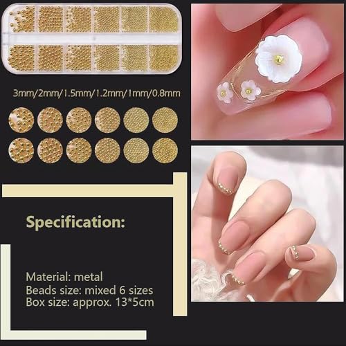 Bellecrey Gold Nail Beads Caviar Mini Steel Charms Assorted Sizes 12 Grids