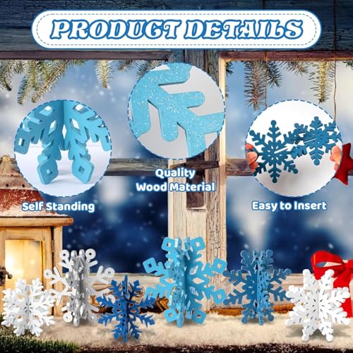 White Silver Blue Wooden Snowflake Decorations Set of 6 - 3D Christmas Table Decor