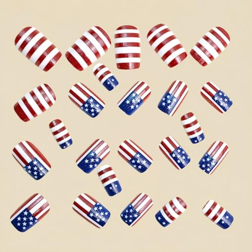 USA Flag Press on Nails Medium Square French Glossy Fake Nails 24Pcs