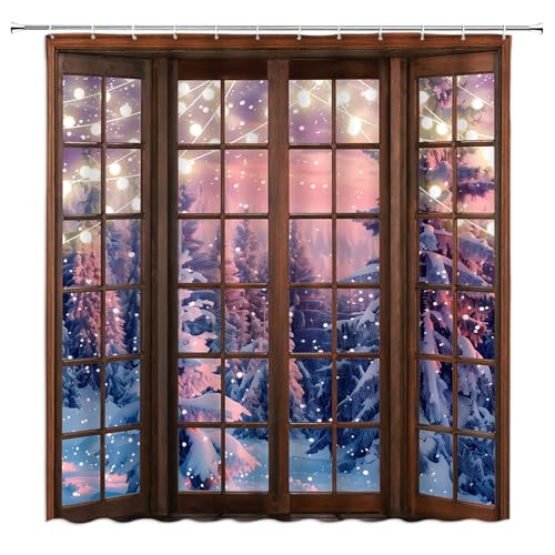 Winter Forest Shower Curtain with Hooks - Purple Brown 70x70 Inches Holiday Bathroom Decor