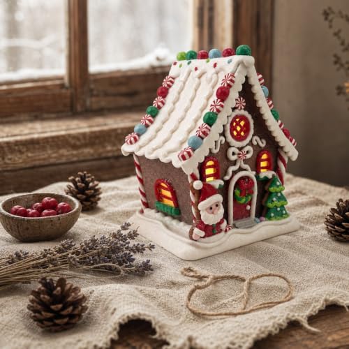 Lighted Gingerbread House Decor - 6.5 Inch Clay Christmas Display