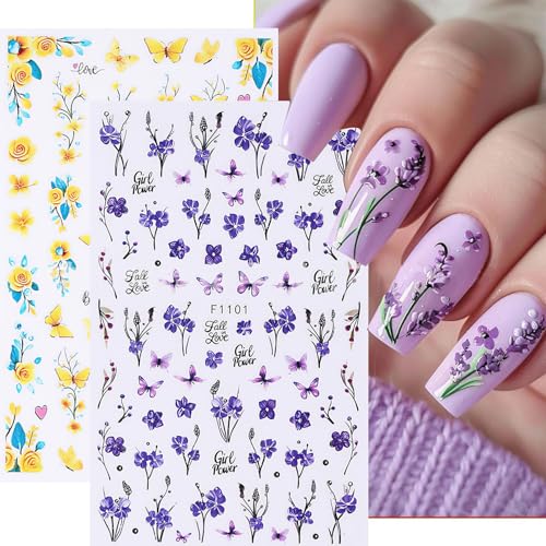 CHANGAR Flower Nail Art Stickers - 8 Sheets Colorful Floral Butterfly Decals