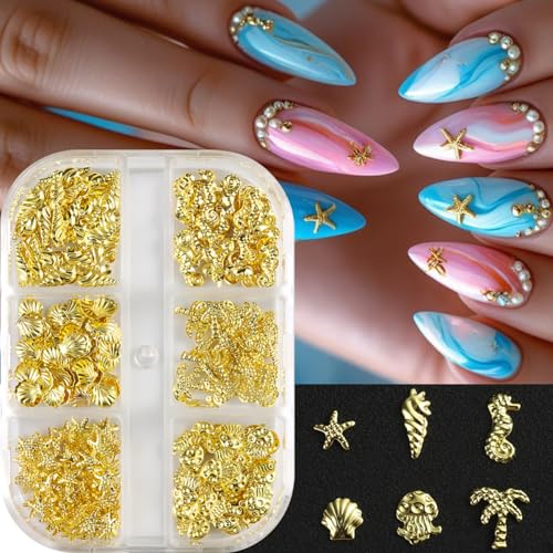 Summer Ocean Nail Art Charms Gold Alloy Shell Starfish Rhinestones