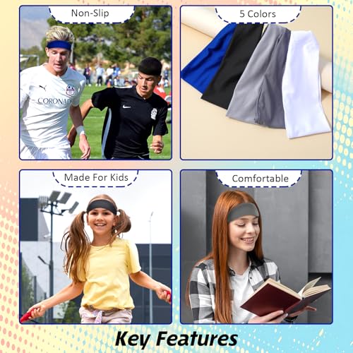5Pcs Sports Headbands for Kids, Moisture Wicking Sweatbands for Footable Soccer Baseball Running for Boys 5-15 Years Old