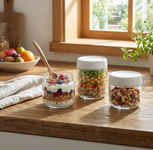 Povinmos 10oz 3-Pack Glass Food Storage Containers with Lids, Meal Prep Jars