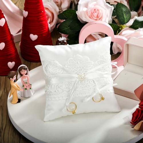 Elegant Ivory Satin Ring Bearer Pillow with Lace and Pearl Accent