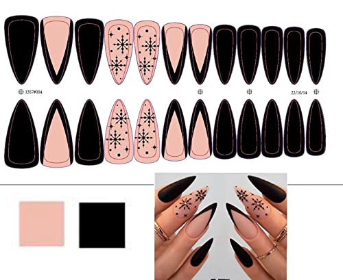 LETSWIN Black Snowflake Almond Press on Nails with Rhinestones 24 Pcs