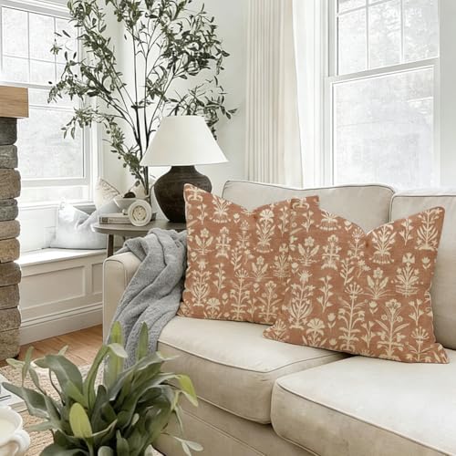 RABUSOFA Floral Throw Pillow Covers Set of 2, 18x18 in Vintage Cognac