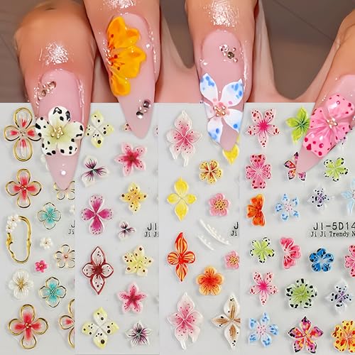 5D Embossed Floral Nail Stickers Lily & Hibiscus Decals, 4 Sheets